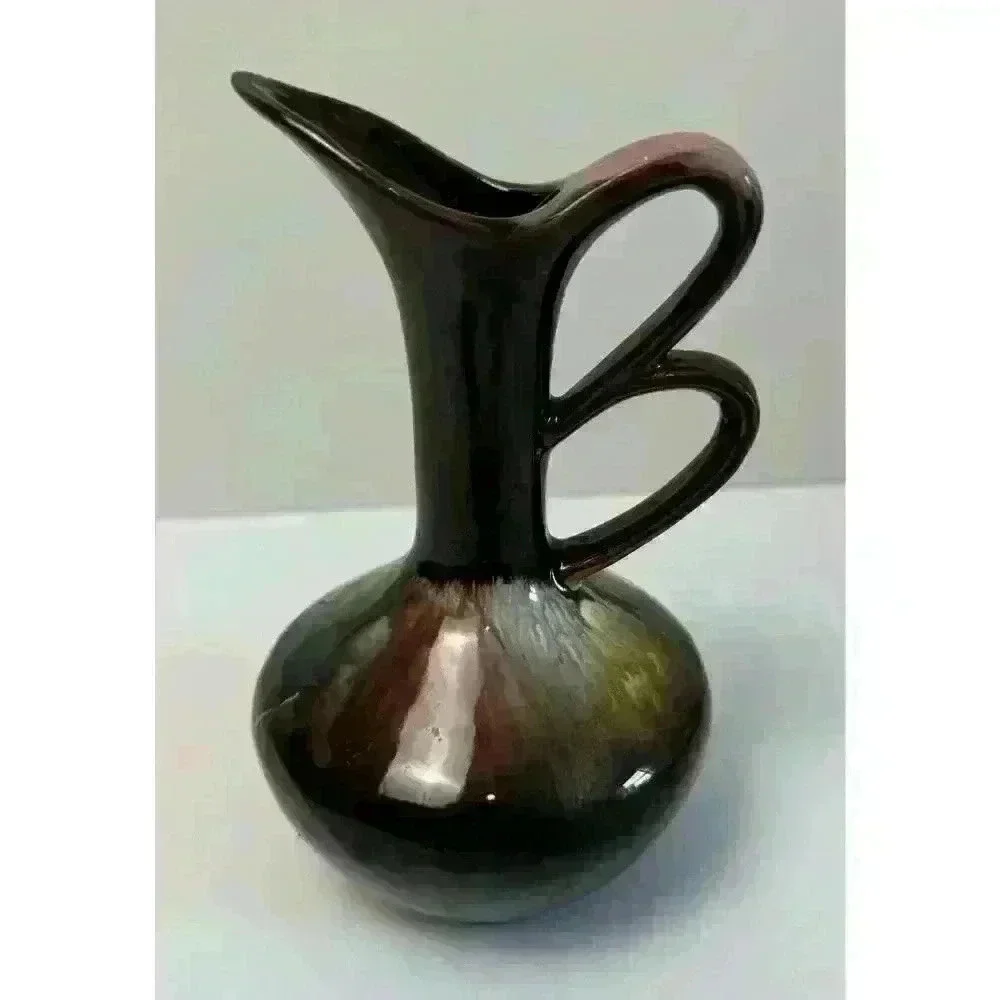 Vintage MCM Ceramic Cruet Pink Blue Gold Silver Drip Glaze Brown base Redware
